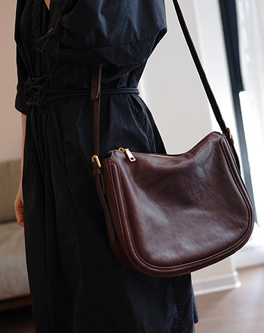 Cute Coffee Leather Saddle Shoulder Bag Women Saddle Crossbody Bag for Women