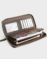 MENS Vintage Coffee LEATHER ZIPPER LONG CLUTCH - Wallet Thickness View