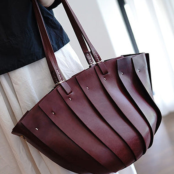 Vintage Coffee Leather Splicing Bucket Handbag Tote Women Handmade Shoulder Tote Bag for Women