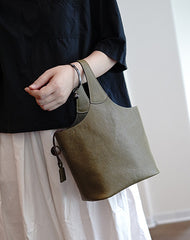 Vintage Brown Leather Small Bucket Handbag Women Handmade Small Barrel Bag for Women