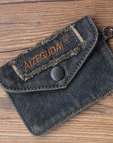 Vintage Womens Denim Mini Card Holder with Lanyard Denim Small Card Wallet  for Women