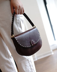 Vintage Womens Brown Leather Small Saddle Handbag Shoulder Bag Purse for Women
