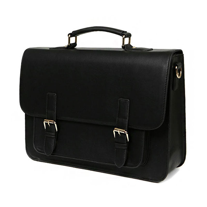 Black Vintage Leather Satchel Messenger Bag - Front View - EverHandmade