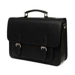 Black Vintage Leather Satchel Messenger Bag - Front View - EverHandmade