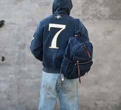 Blue Denim Backpack for Women Striped Jean Backpack Mens Striped Backpack - Feltify