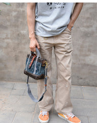 Small Blue Denim Mini Tote Bag Denim Leather Handbag Denim Mini Tote Crossbody Bag - Feltify