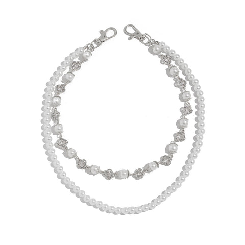 Pearl Wallet Chain Womens Flower Double Wallet Chain Silver Beaded Wallet Chain for Women - iChainWallets