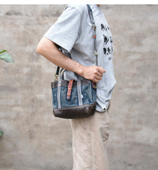 Small Blue Denim Mini Tote Bag Denim Leather Handbag Denim Mini Tote Crossbody Bag - Feltify