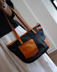 Vintage Brown Leather Stitching Style Shoulder Tote Women Tote Handbag for Women