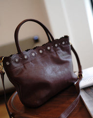 Classic Coffee Leather Hollowed Out Flowers Handbag Women Flowers Shoulder Bag for Women