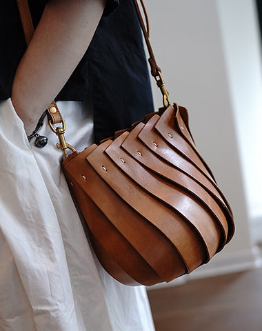 Vintage Brown Leather Splicing Bucket Handbag Women Handmade Small Shoulder Bag for Women