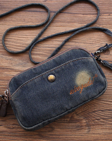 Vintage Mens Denim Wristlet Bag Denim Phone Purse with Shoulder Strap for Women
