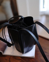 Vintage Womens Coffee Leather Small Bucket Shoulder Bag Flower Bud Bucket Purse for Women