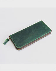 MENS Green LEATHER ZIPPER LONG CLUTCH Personalized - Front View