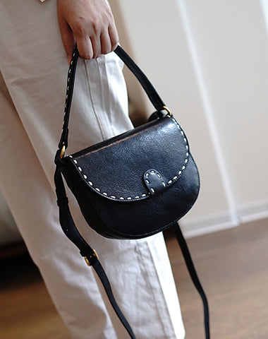 Vintage Womens Black Leather Small Saddle Handbag Shoulder Bag Purse for Women