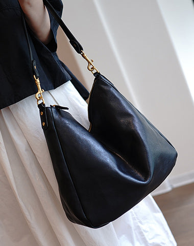 Vintage Black Leather Shoulder Tote Women Crossbody Tote Onthego Shoulder Bag for Women