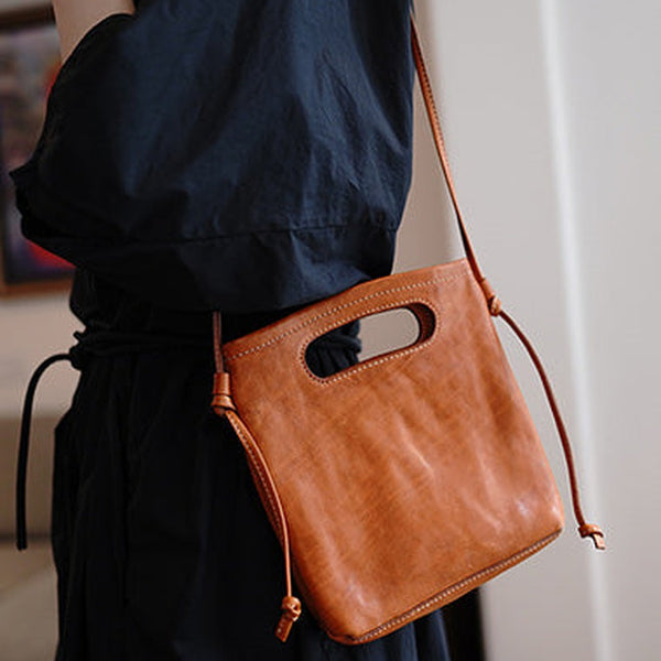 Vintage Womens Brown Leather Small Square Handbag Shoulder Bag Purse for Women