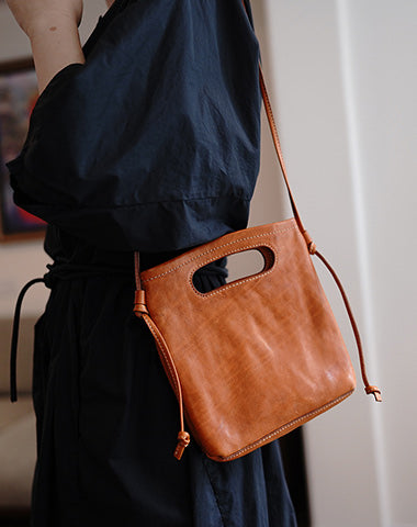 Vintage Womens Brown Leather Small Square Handbag Shoulder Bag Purse f
