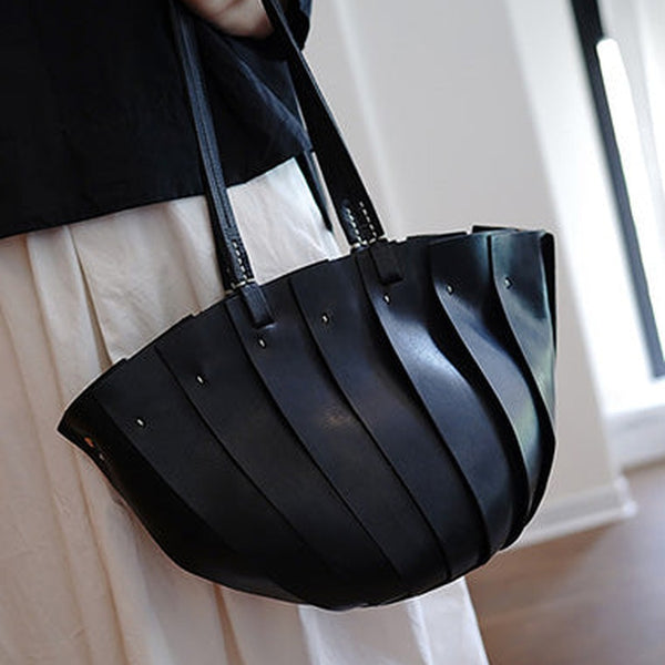 Vintage Black Leather Splicing Bucket Handbag Tote Women Handmade Shoulder Tote Bag for Women