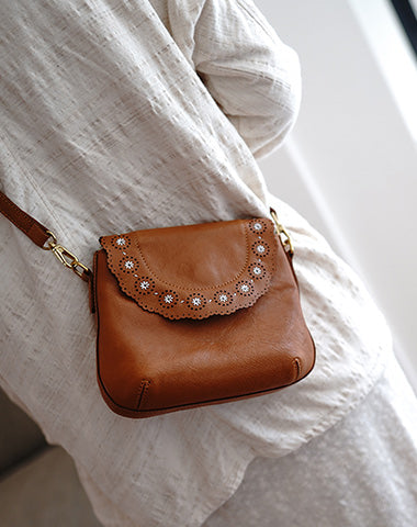 Classic Brown Leather Small Hollow Flower Shoulder Bag Women Flowers Crossbody Bag for Women