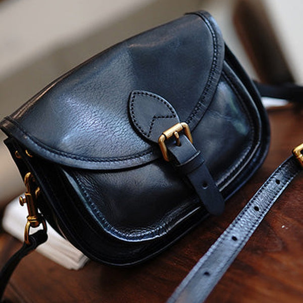 Vintage Black Womens Small Saddle Shoulder Bag Small Satchel Side Bag Crossbody Purse for Ladies