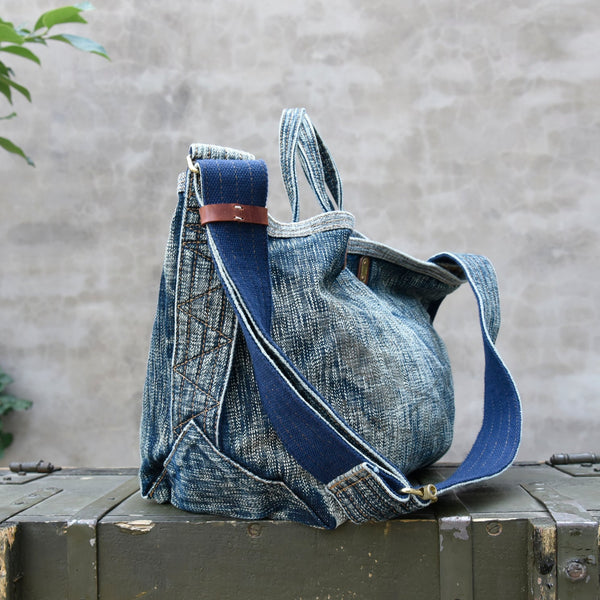 Blue Denim Tote Handbag Washed Denim Tote - Back View