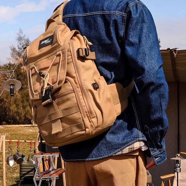 Khaki Tactical Canvas Large Sling Bag For - Back View