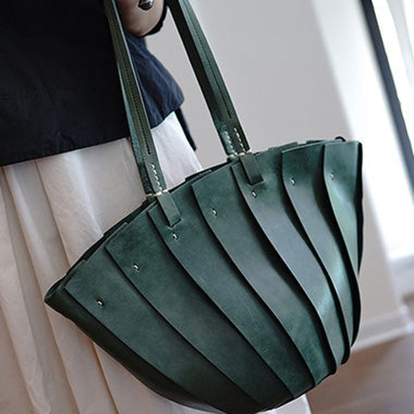 Vintage Green Leather Splicing Bucket Handbag Tote Women Handmade Shoulder Tote Bag for Women