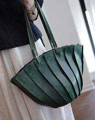 Vintage Green Leather Splicing Bucket Handbag Tote Women Handmade Shoulder Tote Bag for Women