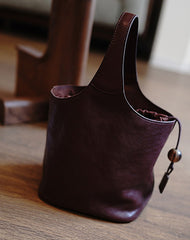 Vintage Brown Leather Small Bucket Handbag Women Handmade Small Barrel Bag for Women