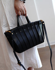 Vintage Black Leather Splicing Handbag Tote Women Handmade Tote Shoulder Bag for Women