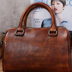 Handmade Leather Vintage Boston Bag Handbag Shoulder Bag for Women