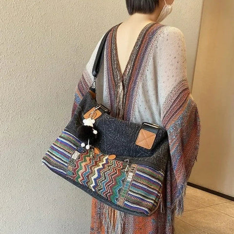 Black Gray Canvas Ladies Handbags Boho Crossbody Bag Boho Handbag Canvas Boho Shoulder Bag - Feltify