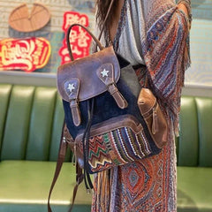 Black Gray Embroidery Canvas Backpack Boho Backpack Womens Vintage Boho Style Backpack - Feltify