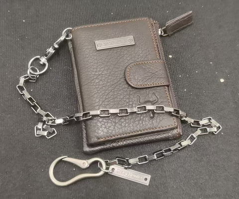 Black Leather Men's Small Biker Wallet Chain - Front View