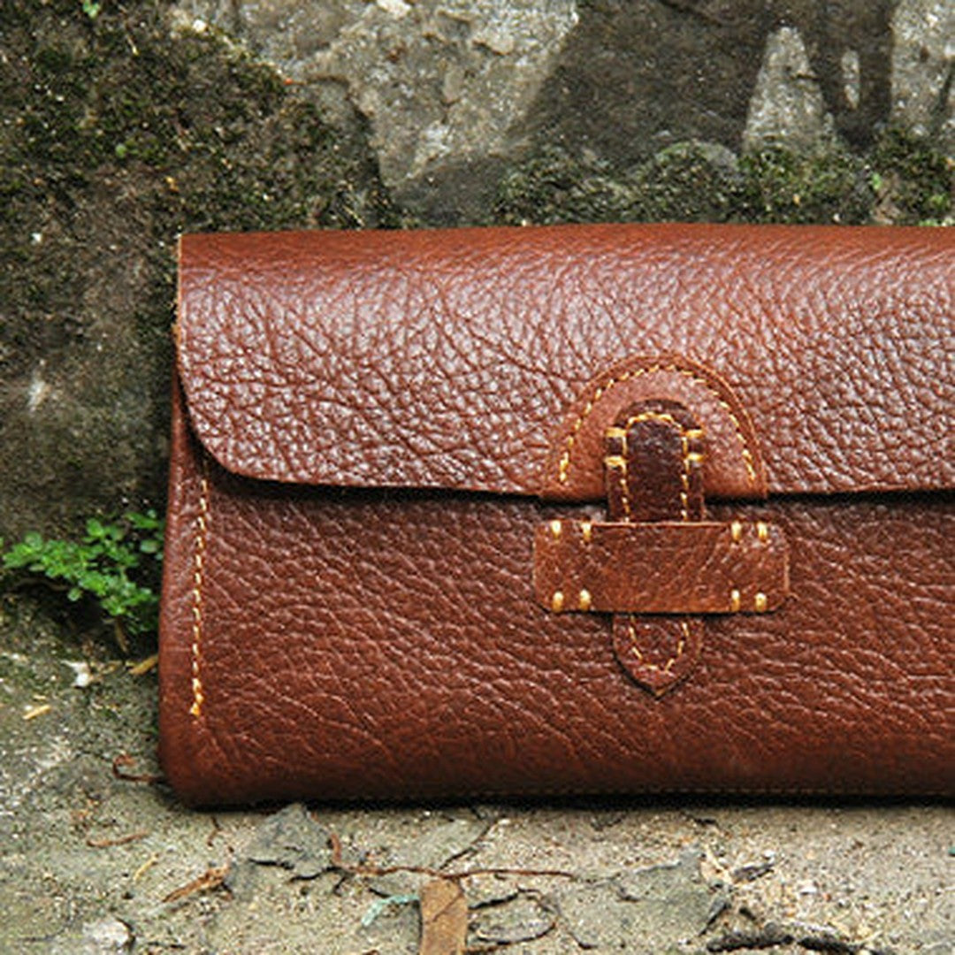 Handmade vintage rustic brown leather clutch long ID cards zip holders wallet for men