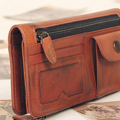 Handmade vintage rustic orange leather clutch long ID cards zip holders wallet for men