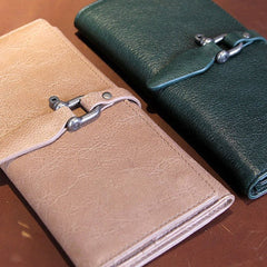 Handmade vintage purse leather wallet long wallet clutch wallet green beige women