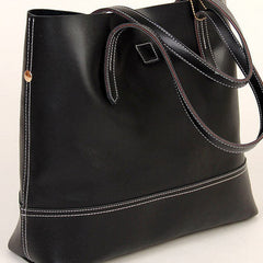 Handmade vintage black leather normal tote bag shoulder bag handbag for women
