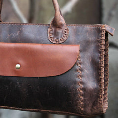 Handmade vintage rustic modern dark brown leather shoulder bag handbag for women