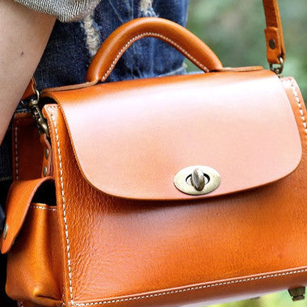 Handmade vintage satchel leather normal messenger bag orange shoulder bag handbag for women