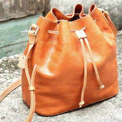 Handmade vintage bucket leather black bag orange shoulder bag crossbody for women