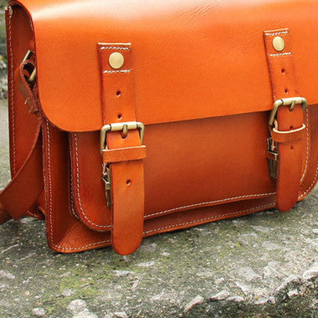 Handmade vintage satchel leather messenger bag orange black beige shoulder bag for women