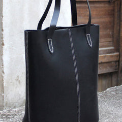 Handmade vintage rustic leather normal black tote bag shoulder bag handbag for women