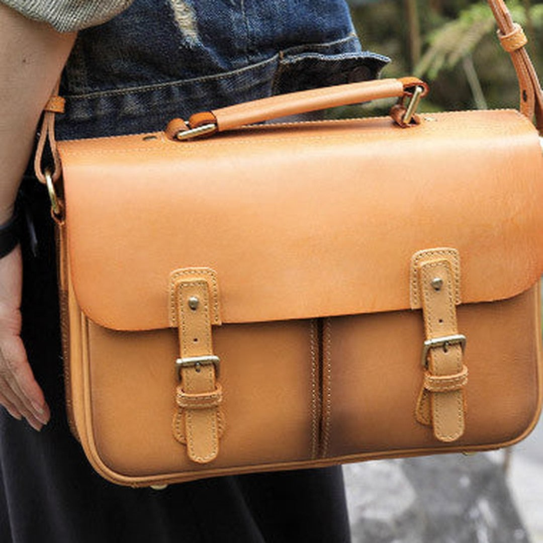 Handmade vintage womens leather messenger bags beige shoulder bags for women