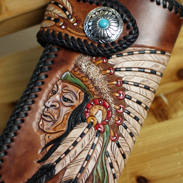 Handmade Tooled chain wallet biker wallet brown leather Indian chief carved biker wallet bifold Long wallet for men