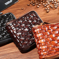 Handmade Braided Leather Billfold Wallet for Men – Woven Zip Bifold Italian Veg-Tan