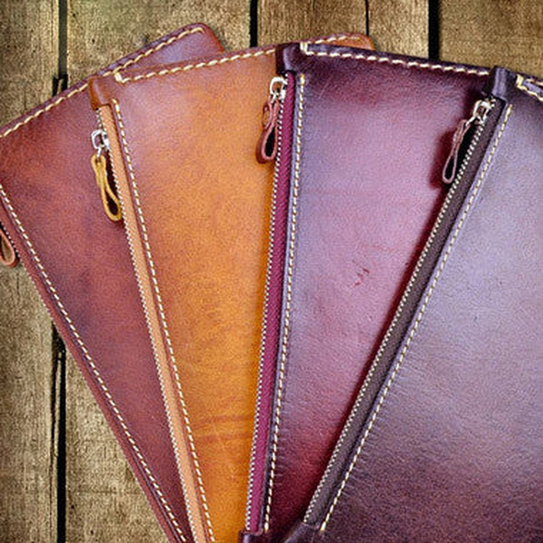 Handmade long wallet leather zip men brown vintage clutch wallet for men