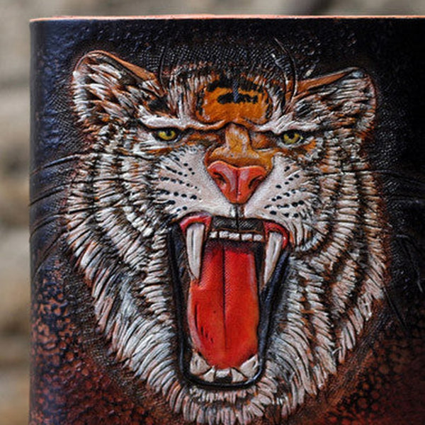 Handmade Tooled Leather Billfold Wallet for Men – Carved Tiger Black & Tan