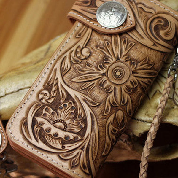 Handmade biker wallet floral tooled leather biker wallet hand tooled leather wallet chian wallet